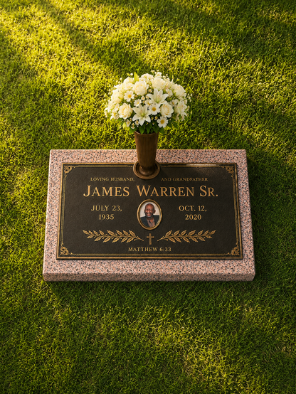 Bronze Plaque Grave Marker on Granite Base with Bronze Vase