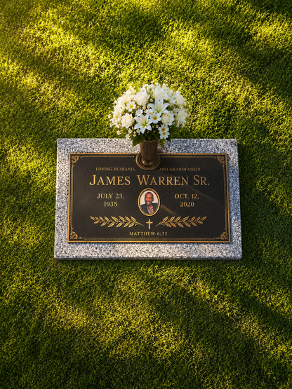 Bronze Plaque Grave Marker on Granite Base with Bronze Vase
