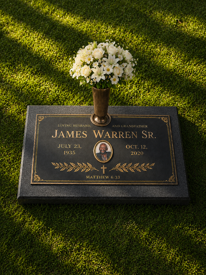 Bronze Plaque Grave Marker on Granite Base with Bronze Vase