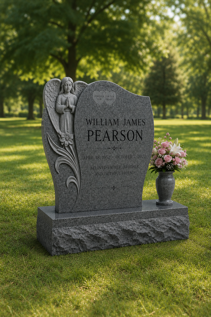 Praying Angel Upright Headstone with Granite Vase