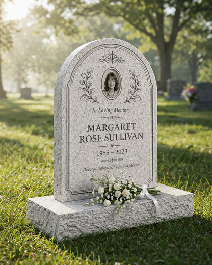 Round Arch Floral Granite Upright Headstone