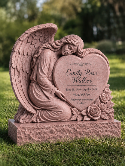 Guardian Angel Heart Granite Upright Headstone
