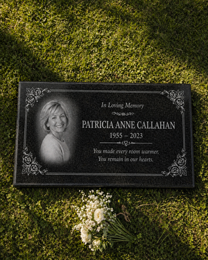 Women's Floral Portrait Granite Flat Grave Marker