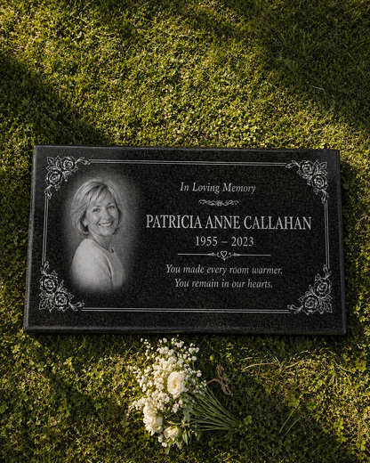 Women's Floral Portrait Granite Flat Grave Marker