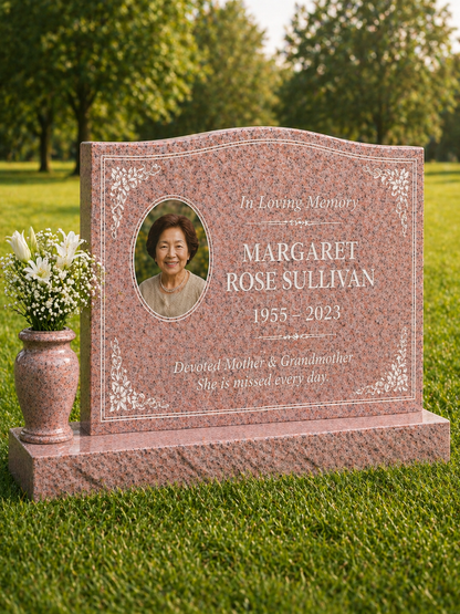 Wave Top Single Portrait Granite Headstone with Vase