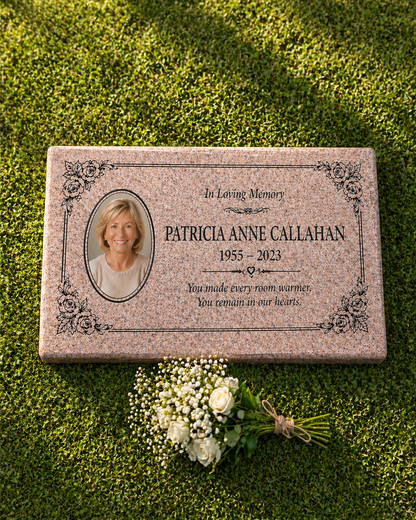 Women's Floral Portrait Granite Flat Grave Marker