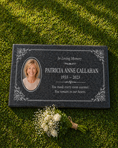 Women's Floral Portrait Granite Flat Grave Marker