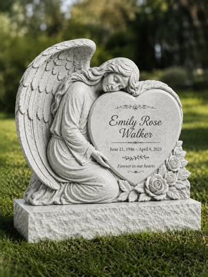 Guardian Angel Heart Granite Upright Headstone