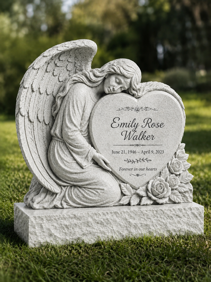 Guardian Angel Heart Granite Upright Headstone