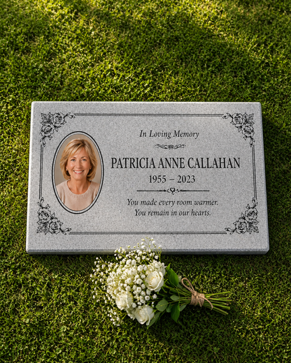 Women's Floral Portrait Granite Flat Grave Marker