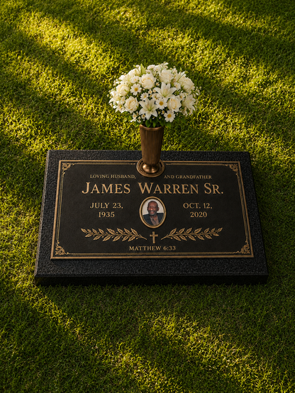 Bronze Plaque Grave Marker on Granite Base with Bronze Vase