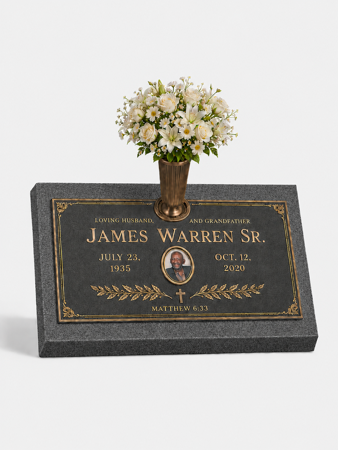 Bronze Plaque Grave Marker on Granite Base with Bronze Vase