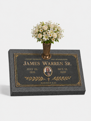 Bronze Plaque Grave Marker on Granite Base with Bronze Vase
