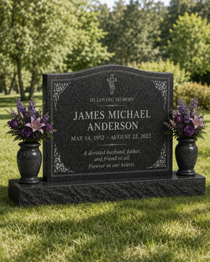 Classic Granite Upright Headstone with Double Vases