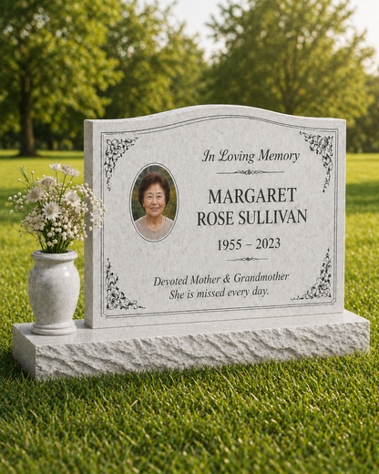 Wave Top Single Portrait Granite Headstone with Vase