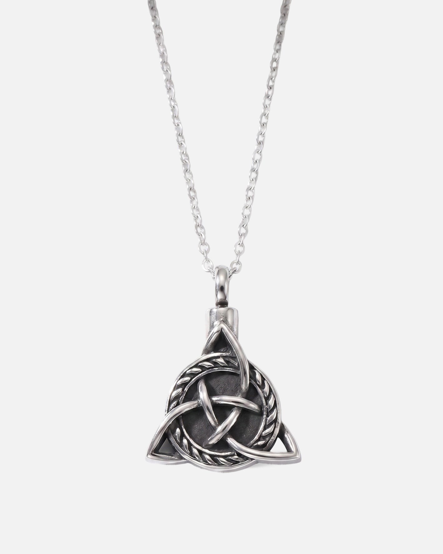 Viking Trinity cremation necklace in stainless steel — men's Celtic triquetra urn pendant for ashes with 27 inch chain