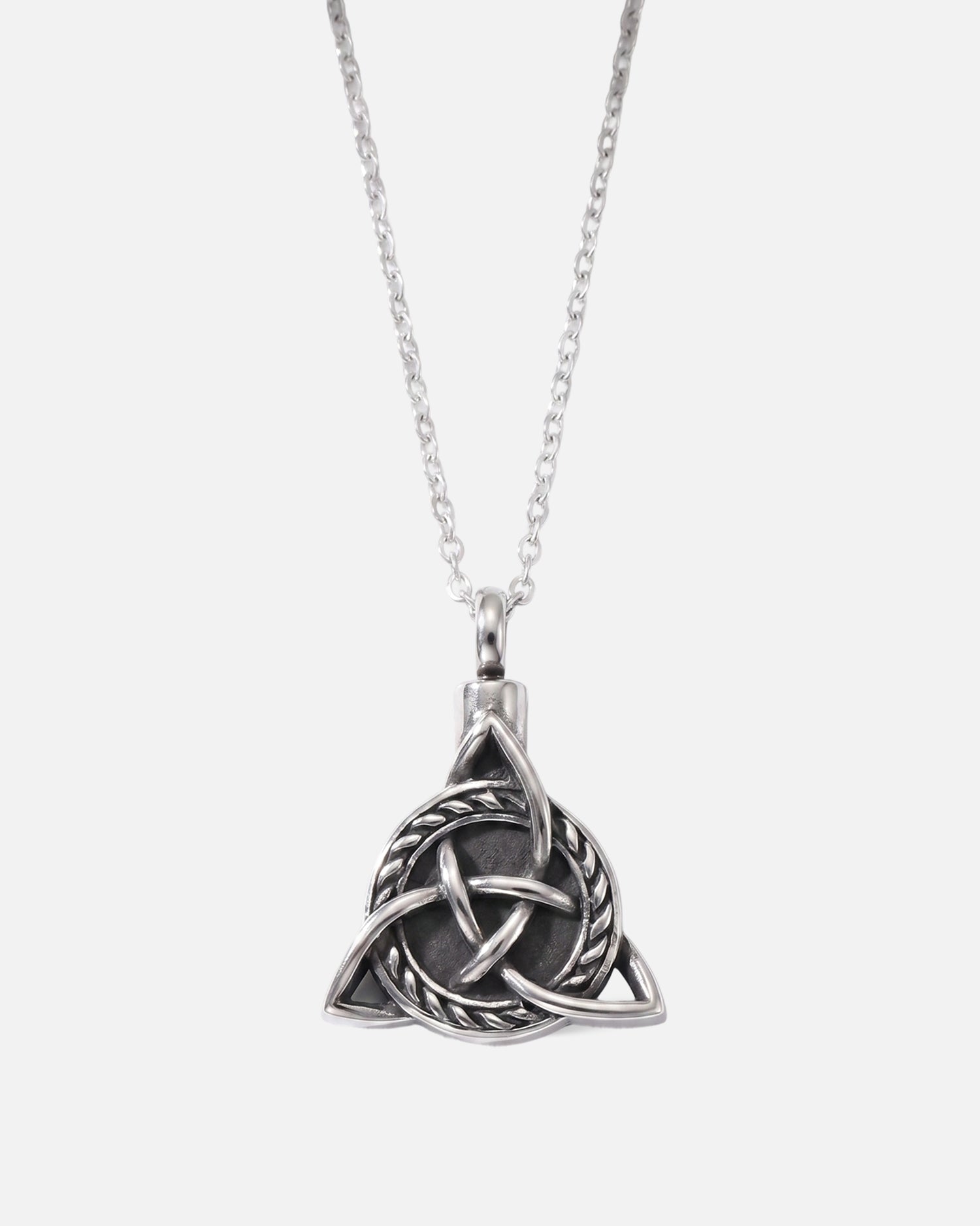 Viking Trinity cremation necklace in stainless steel — men's Celtic triquetra urn pendant for ashes with 27 inch chain