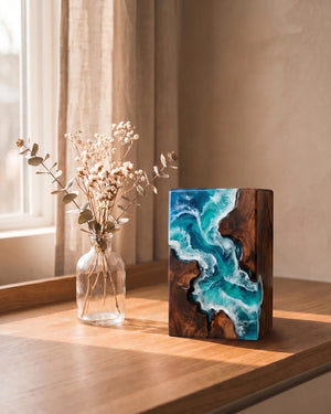 Rosewood & Blue Epoxy Resin Art Cremation Urn
