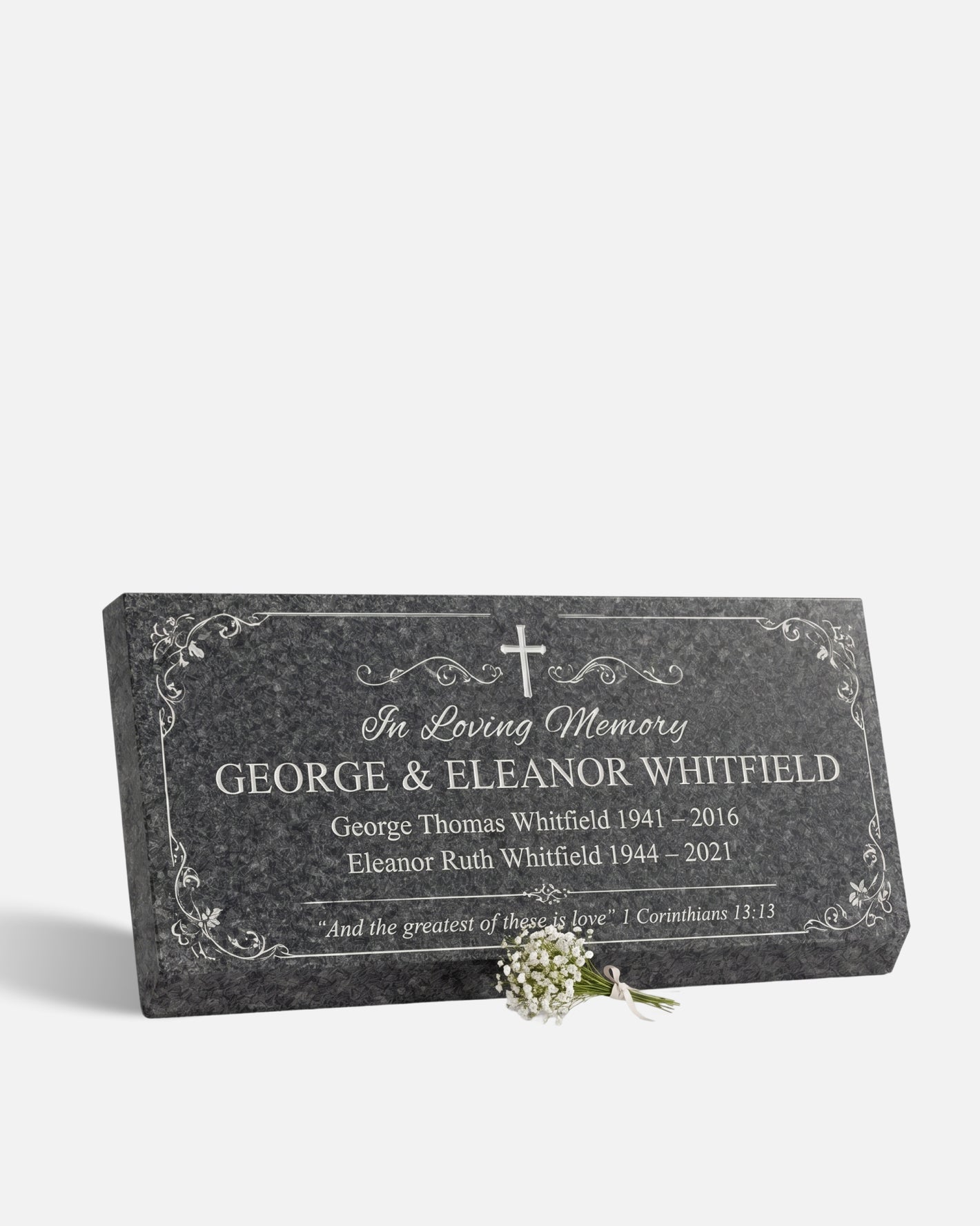 Christian Cross Floral Granite Flat Grave Marker