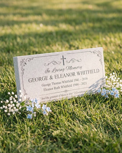 Christian Cross Floral Granite Flat Grave Marker