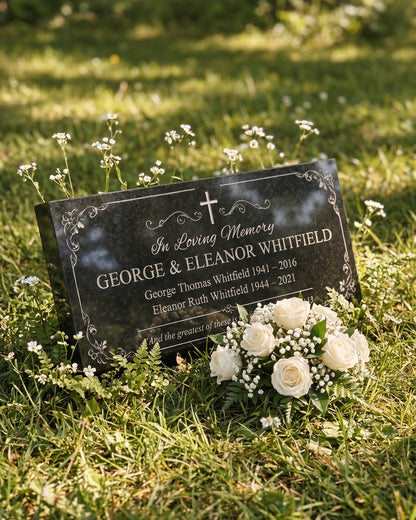 Christian Cross Floral Granite Flat Grave Marker