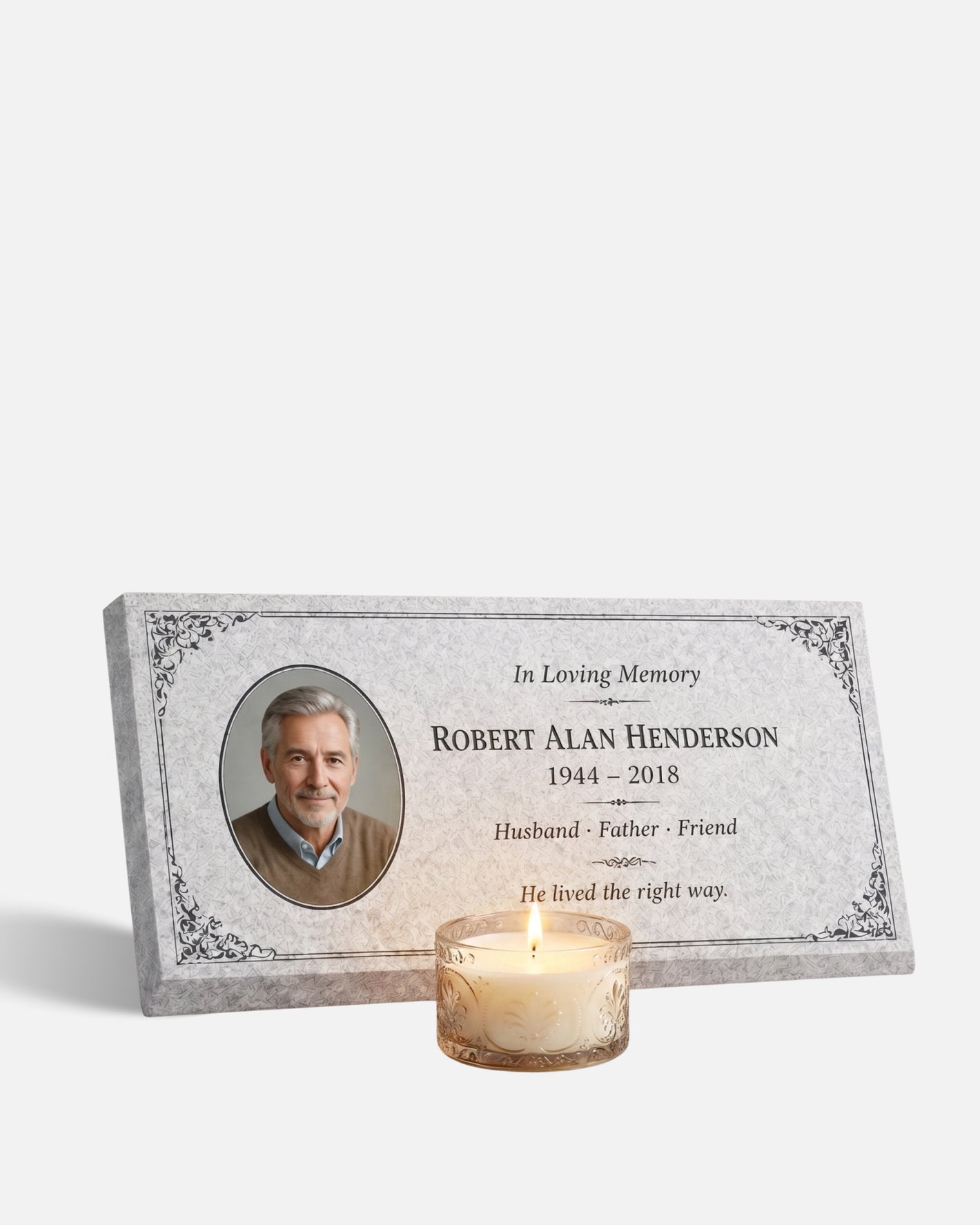 Men's Portrait Floral Granite Flat Grave Marker