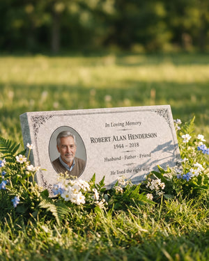 Men's Portrait Floral Granite Flat Grave Marker