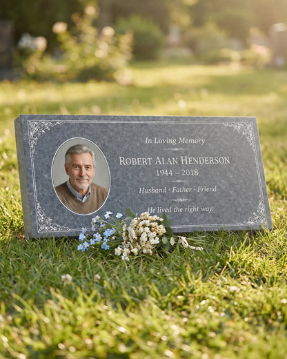 Men's Portrait Floral Granite Flat Grave Marker