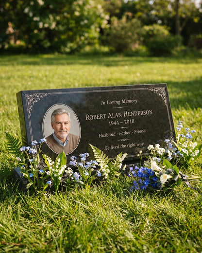 Men's Portrait Floral Granite Flat Grave Marker