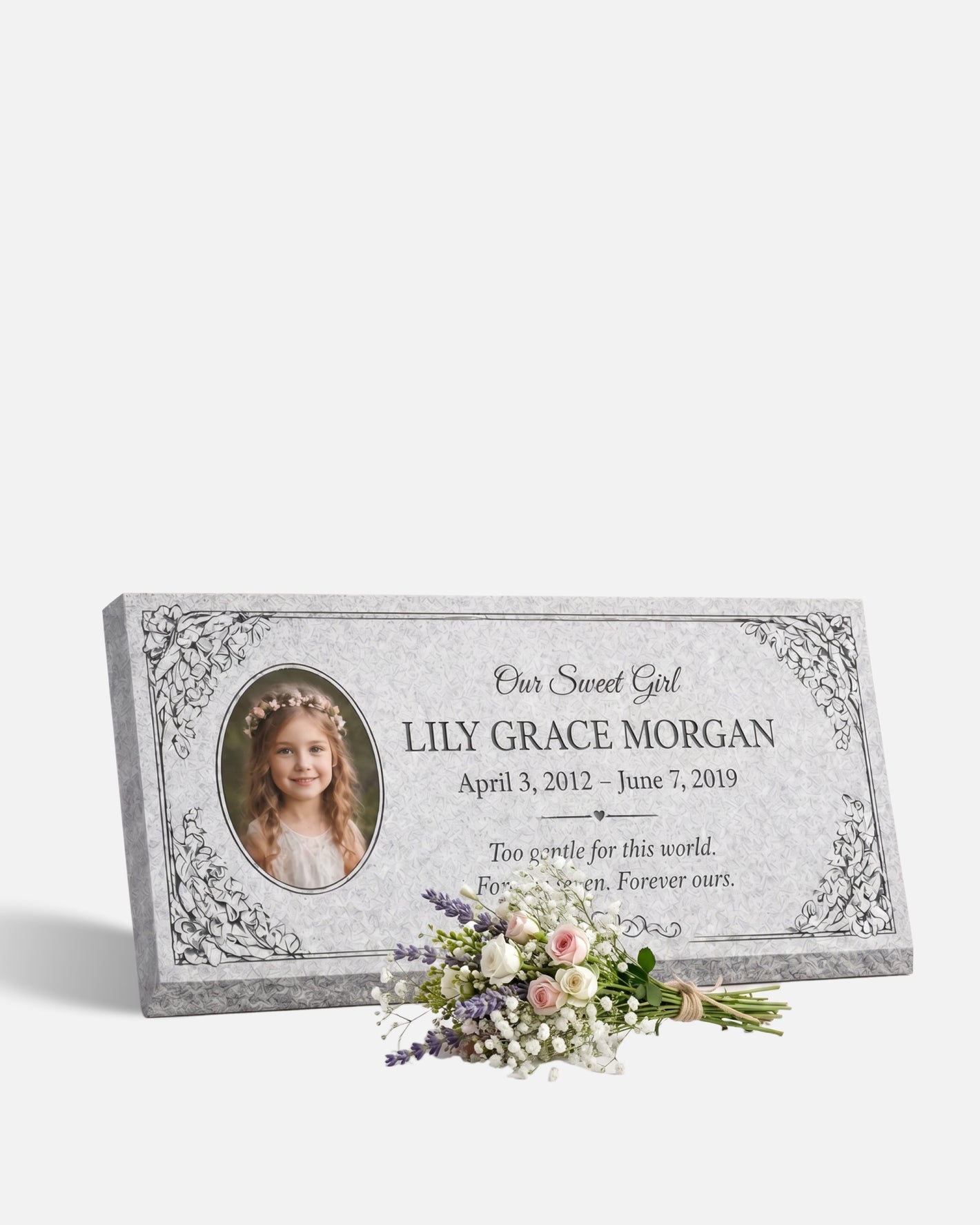 Children's Floral Portrait Granite Flat Grave Marker