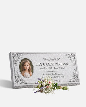 Children's Floral Portrait Granite Flat Grave Marker