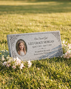 Children's Floral Portrait Granite Flat Grave Marker