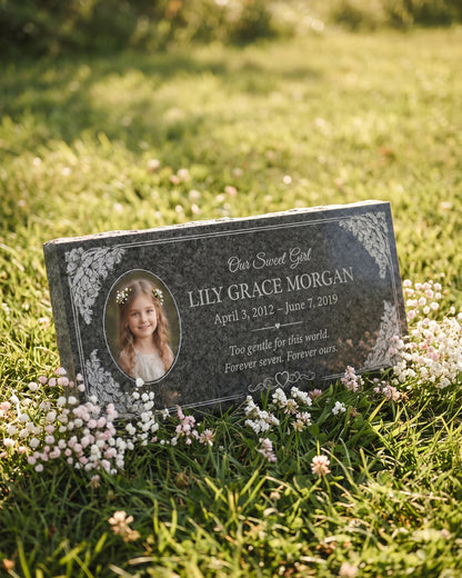 Children's Floral Portrait Granite Flat Grave Marker