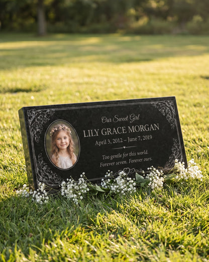 Children's Floral Portrait Granite Flat Grave Marker