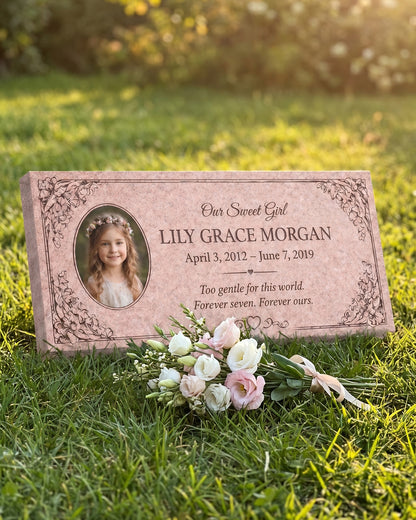 Children's Floral Portrait Granite Flat Grave Marker