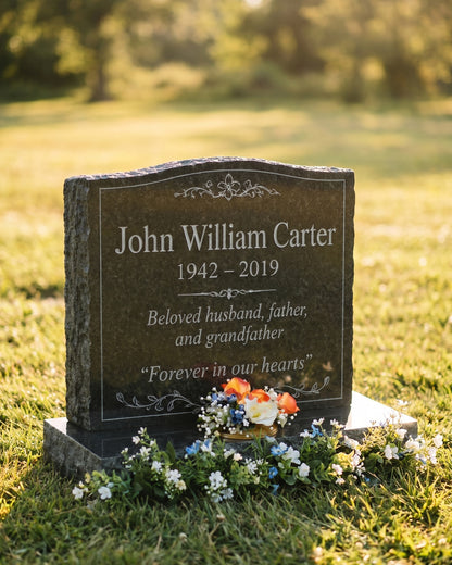 Classic Floral Granite Upright Headstone