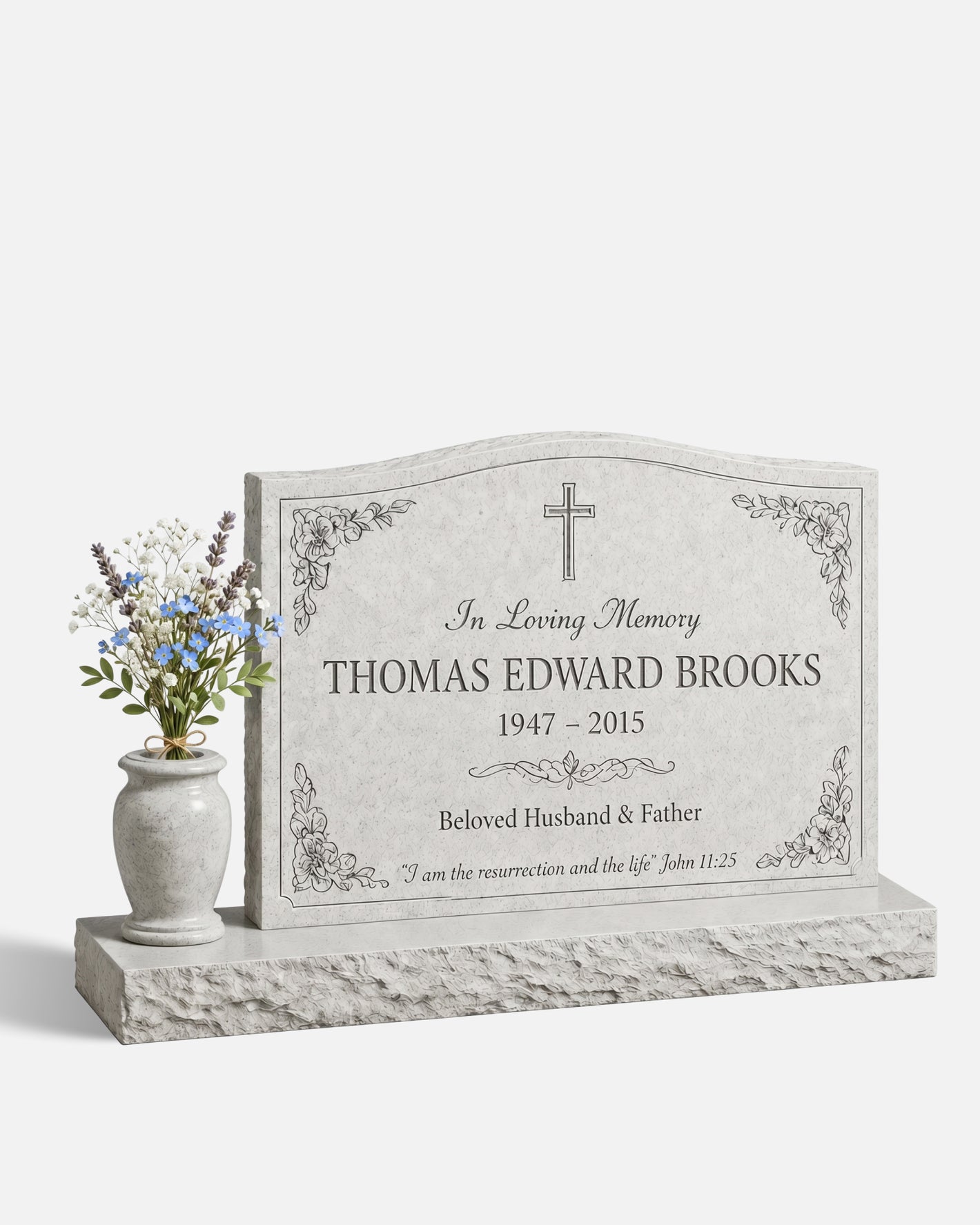 Single Christian Floral Granite Headstone with Vase