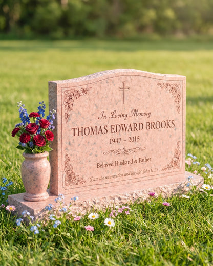 Single Christian Floral Granite Headstone with Vase