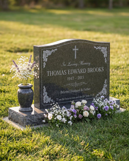 Single Christian Floral Granite Headstone with Vase