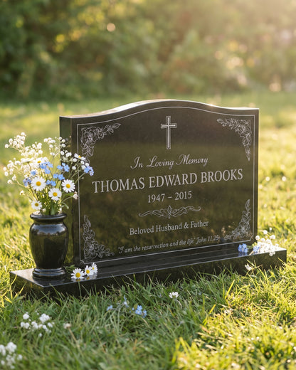 Single Christian Floral Granite Headstone with Vase