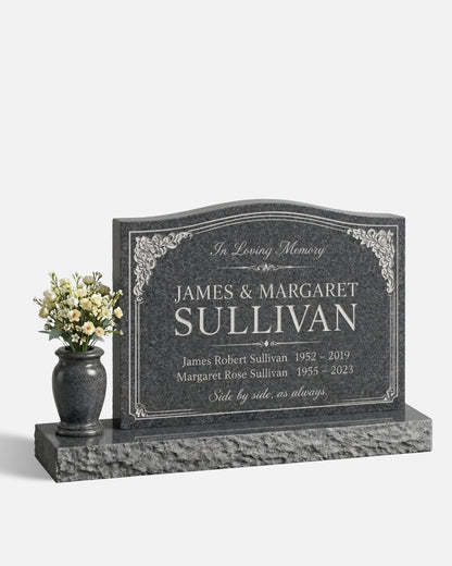 Wave Top Companion Floral Granite Headstone with Vase