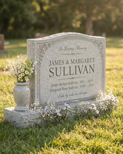 Wave Top Companion Floral Granite Headstone with Vase