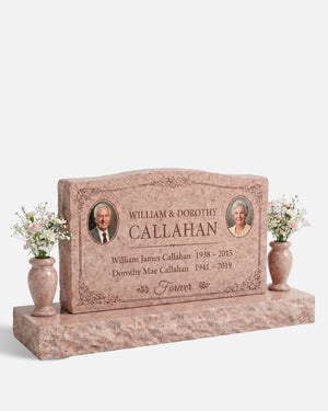 Wave Top Floral Companion Granite Upright Headstone with Vases