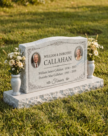Wave Top Floral Companion Granite Upright Headstone with Vases
