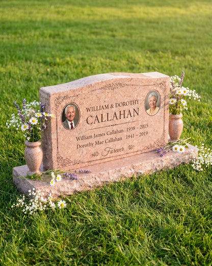 Wave Top Floral Companion Granite Upright Headstone with Vases