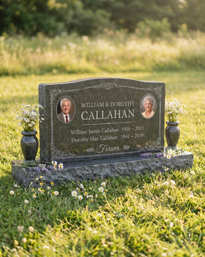 Wave Top Floral Companion Granite Upright Headstone with Vases