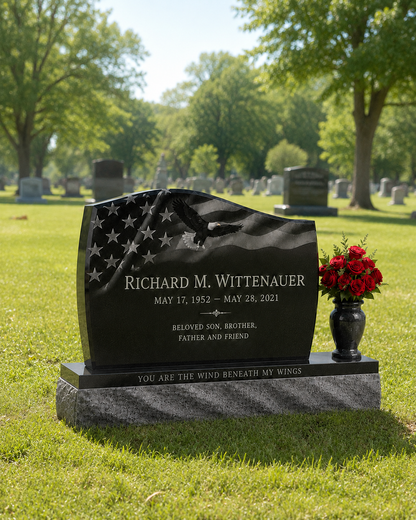 Large Wave Granite Upright Headstone with Vase