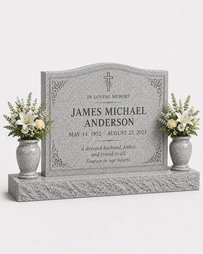 Classic Granite Upright Headstone with Double Vases