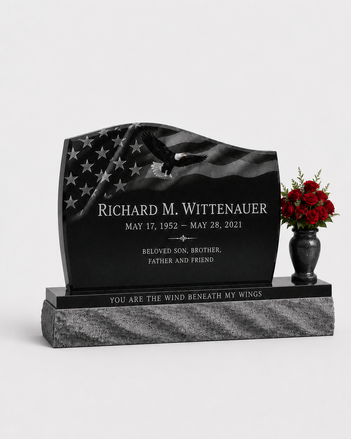 Large Wave Granite Upright Headstone with Vase