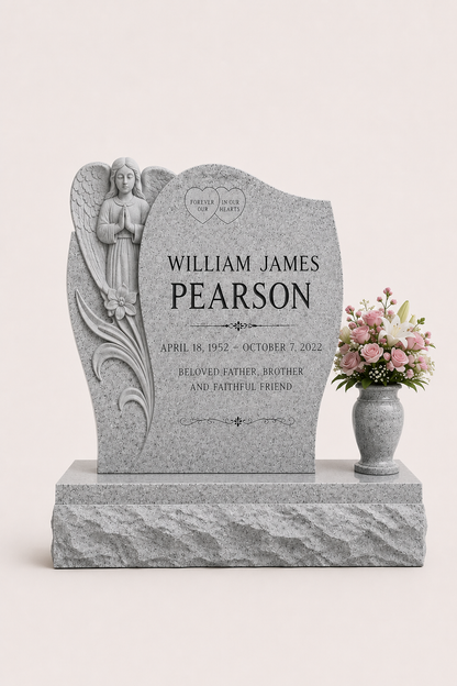 Praying Angel Upright Headstone with Granite Vase